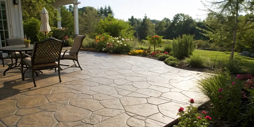 The cost of a 10x10 stamped concrete patio with a stone pattern and outdoor furniture.