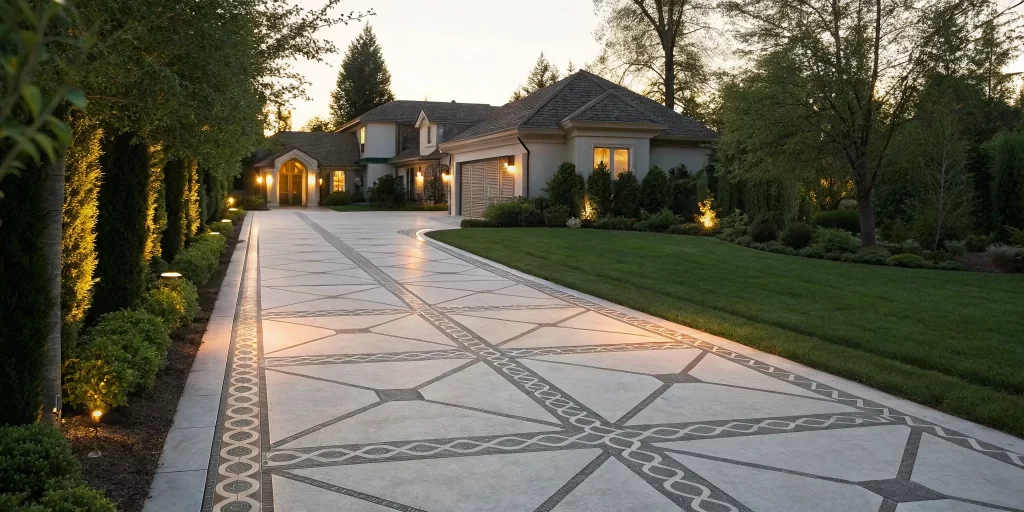 Modern concrete driveway idea with geometric patterns and lighting leading to a luxury home.
