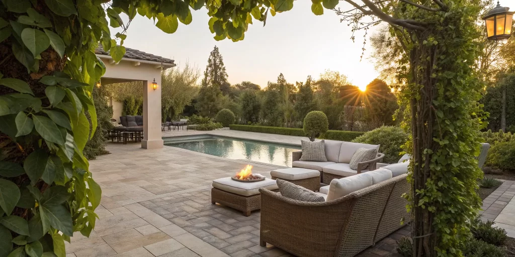 Orange County backyard remodel with a luxury pool, paver patio, fire pit, and outdoor seating.