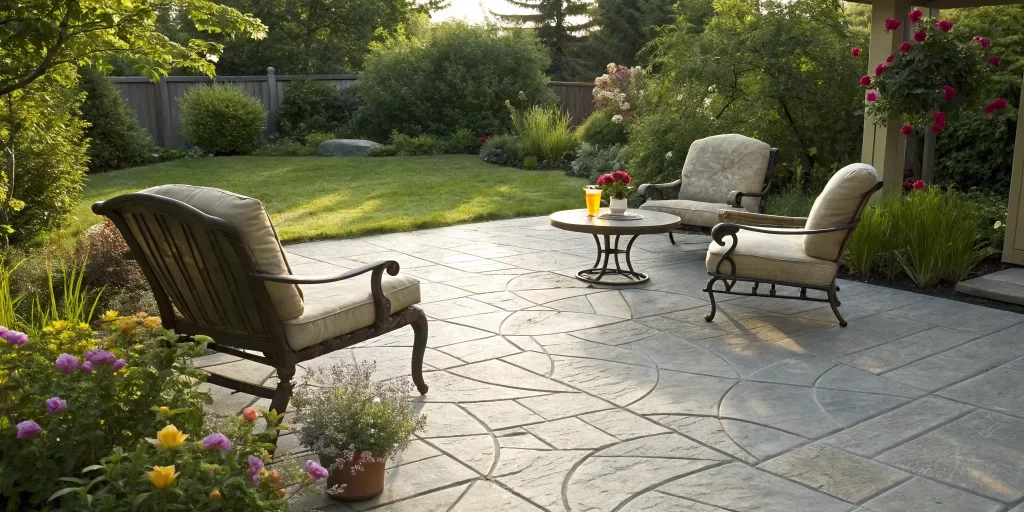 A 20x20 stamped concrete patio with a table and chairs in a landscaped backyard.