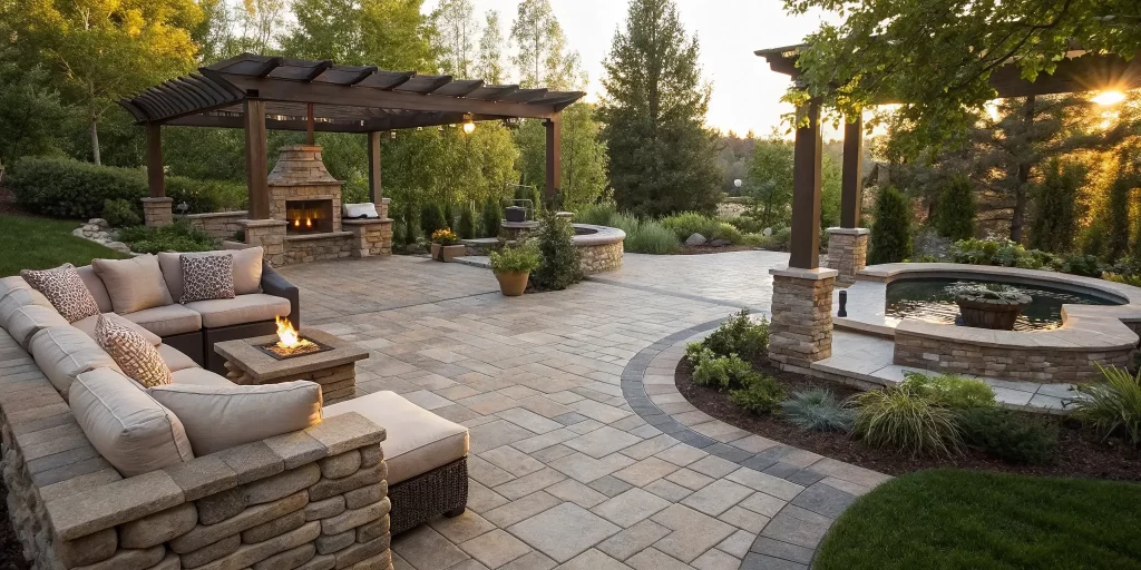 Outdoor living space built by an Orange County contractor with a paver patio and fire pit.