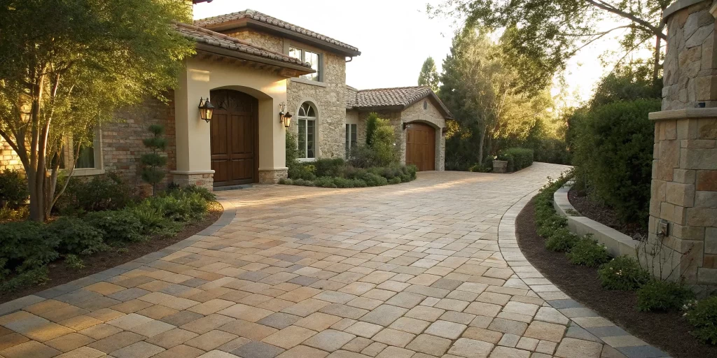 A completed stone paver driveway installation with a clean pattern in front of a modern home.