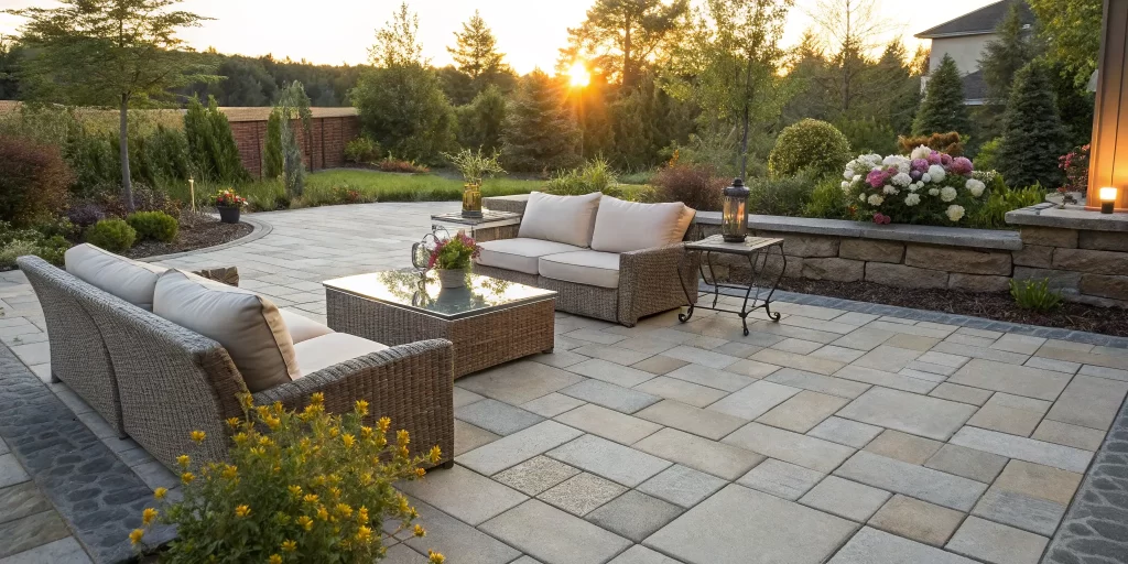 A beautiful paver patio installation with modern seating in an Orange County backyard.