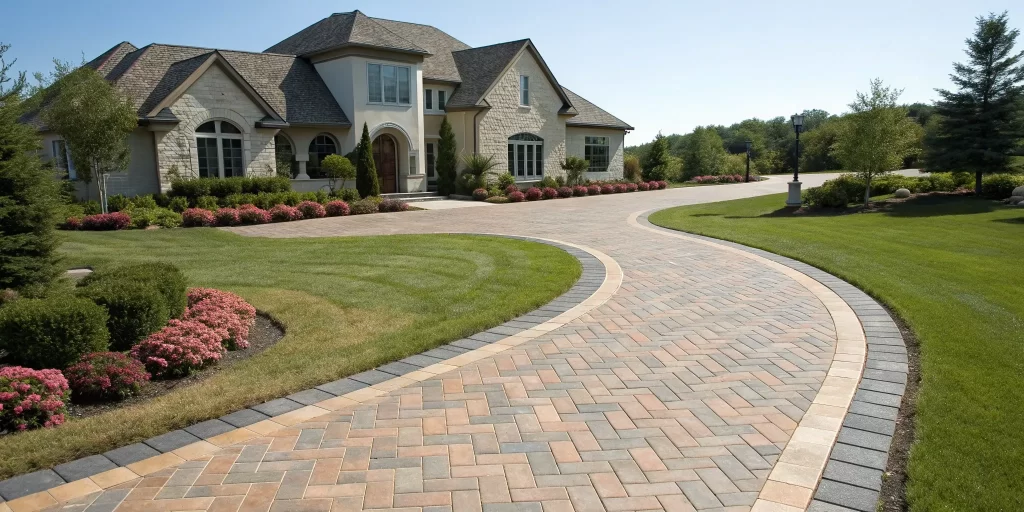 A new paver driveway installation in front of a modern Orange County home.