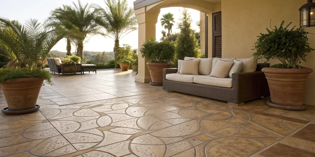A 400 sq ft stamped concrete patio with a custom pattern and color.