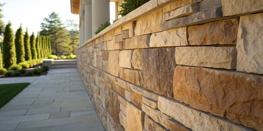 Stone veneer siding installation on an exterior wall with a natural stone texture.