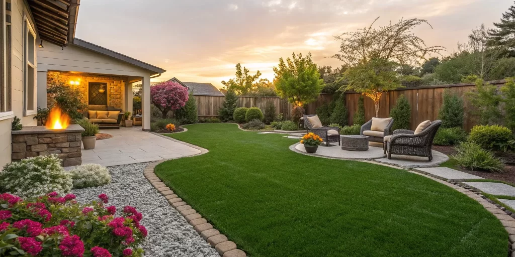 Modern backyard with artificial turf installation, patio seating, and lush landscaping.