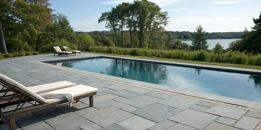 Bluestone pavers surrounding a modern pool deck with lounge chairs.
