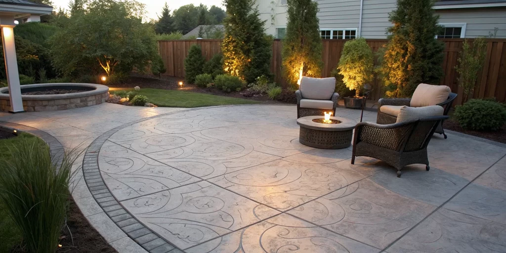 Stamped decorative concrete patio with a cozy fire pit and outdoor furniture.