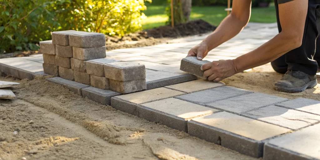 Paver driveway installation with a worker setting stones on a sand base.