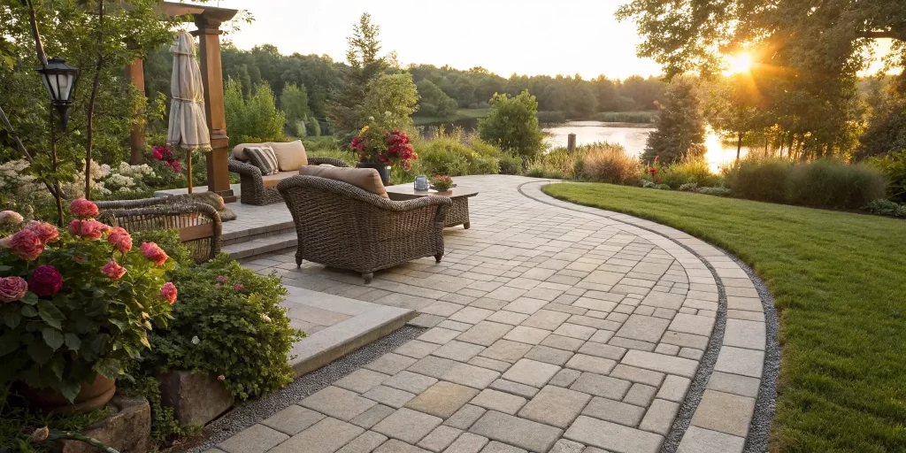 A completed paver patio installation with outdoor furniture on the finished surface.
