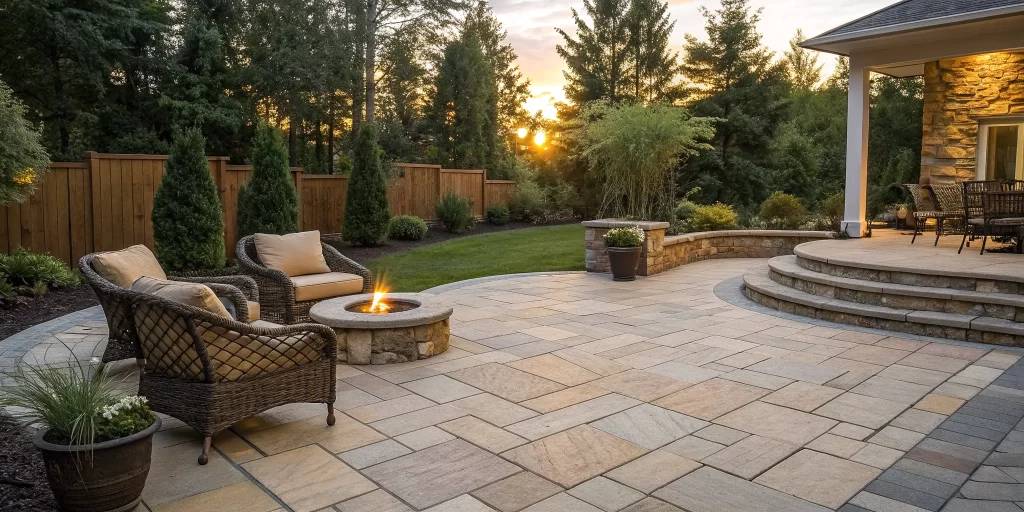 Modern paver patio with a fire pit built by professional installers near me.