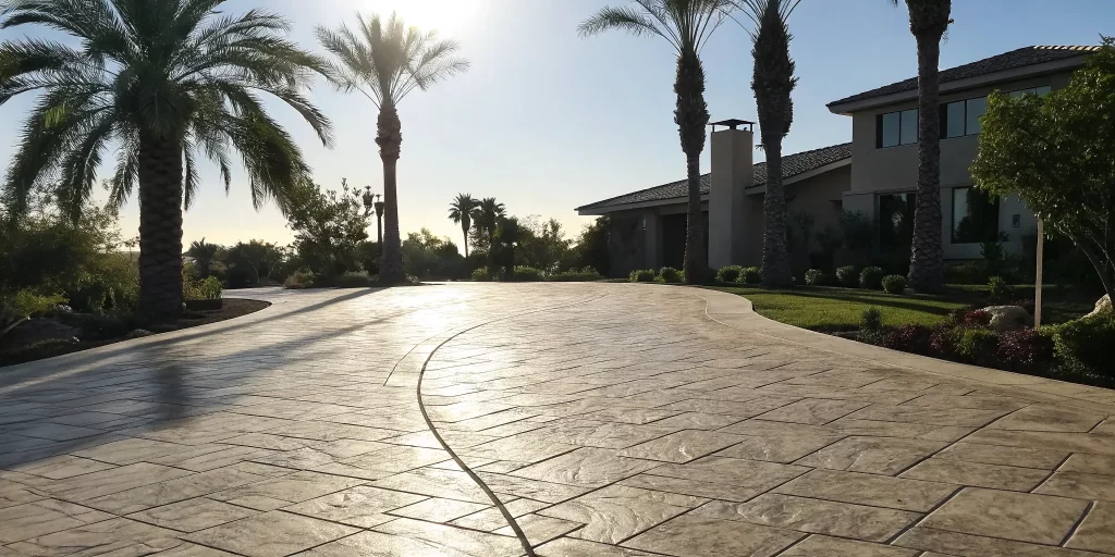 A stamped concrete driveway with a detailed cobblestone pattern leading to a home.