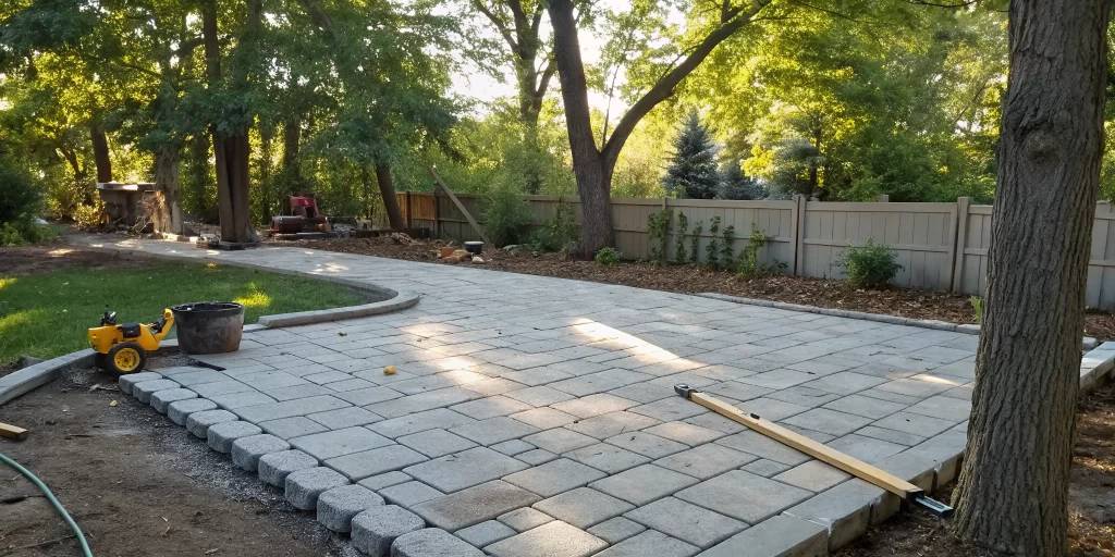 DIY paver patio installation with stone pavers, edge restraints, and tools in a backyard.