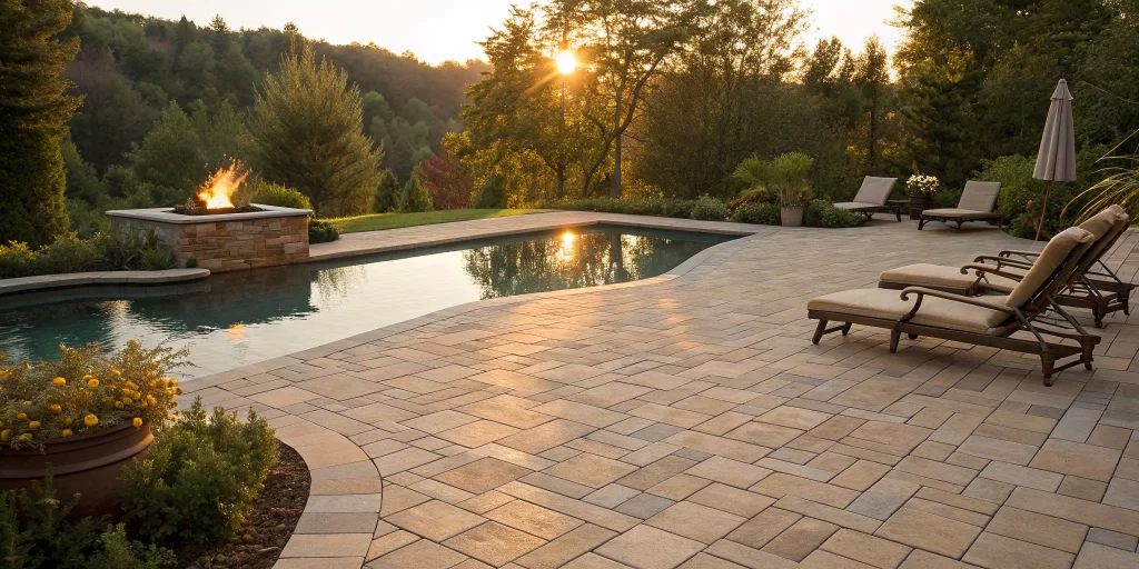 A flawless paver pool deck installation with modern lounge chairs and a fire feature.