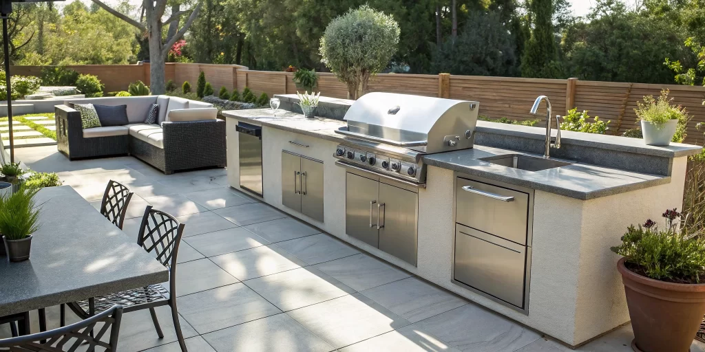 A modern outdoor BBQ kitchen with a built-in grill, professionally installed by expert kitchen builders.