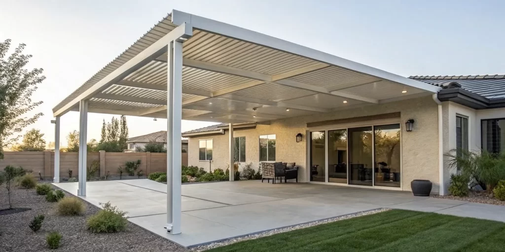 Modern alumawood patio cover with a solid roof design, a stylish idea for any backyard.