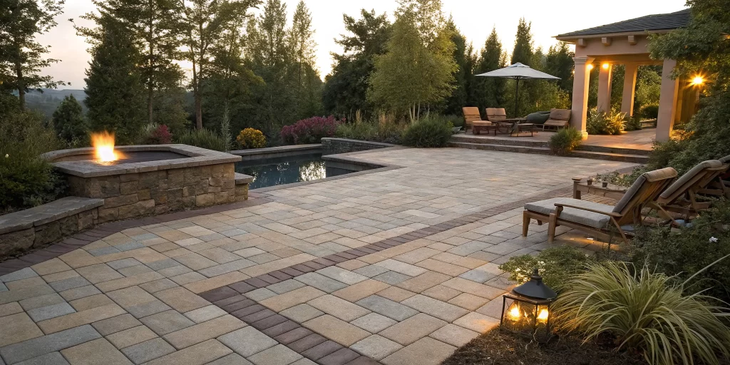 A modern patio featuring large 2x2 pavers that create a clean and spacious outdoor living area.