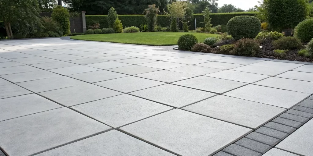 Large 500x500 concrete pavers forming a modern driveway next to a garden.