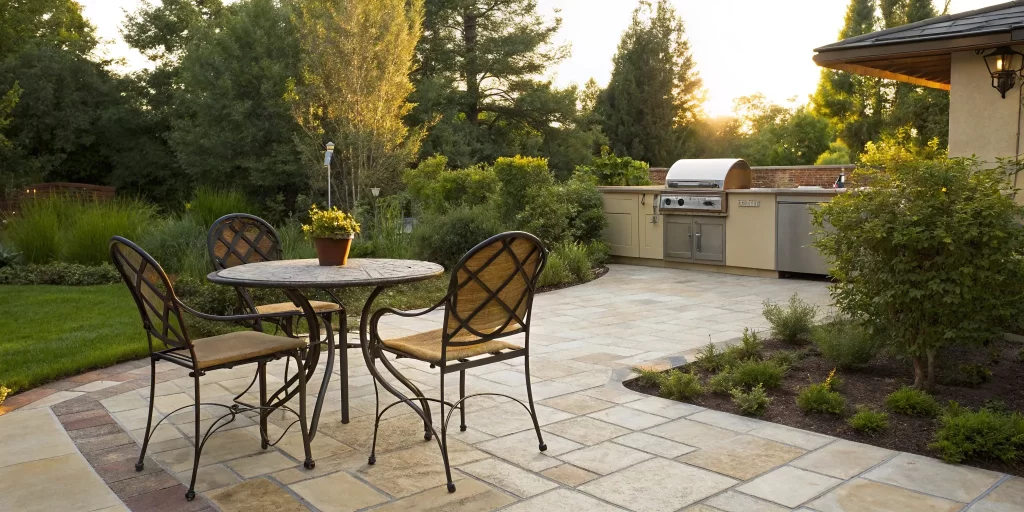 A modern add on patio with paver stones, a dining area, and a built-in grill surrounded by landscaping.