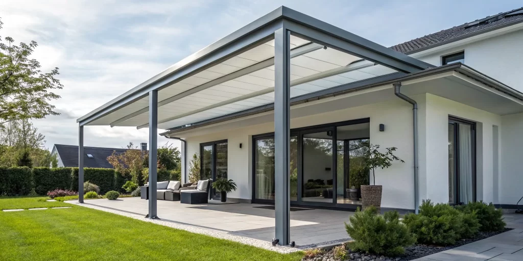 A modern aluminum patio cover installed over a furnished backyard patio.