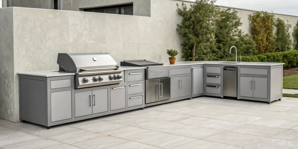 Modern outdoor kitchen with the best stainless steel cabinets and a built-in grill.