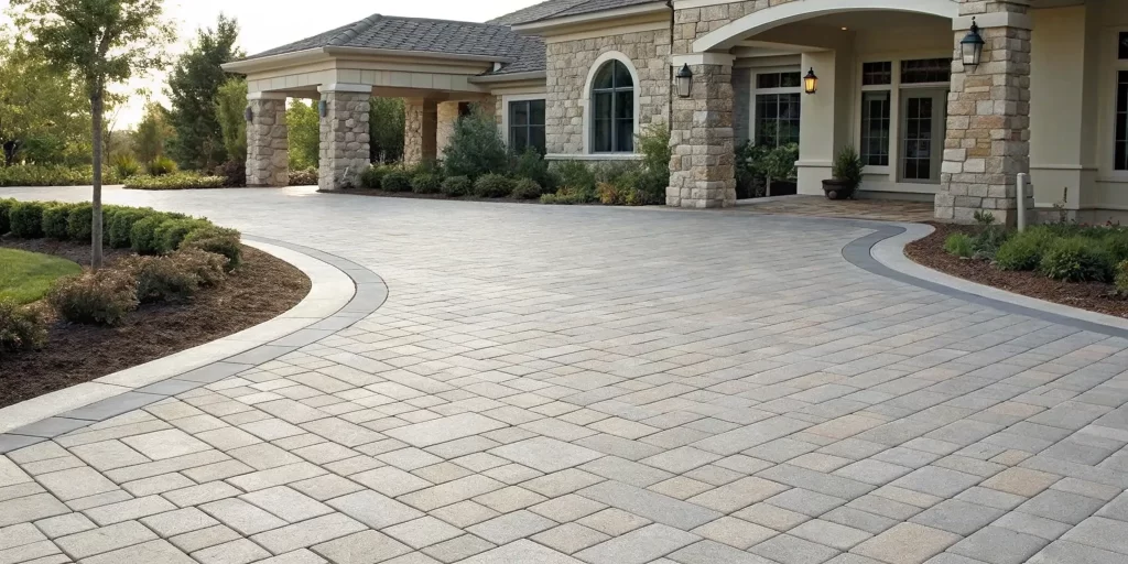 Brick veneer pavers creating a wide driveway in front of a home.