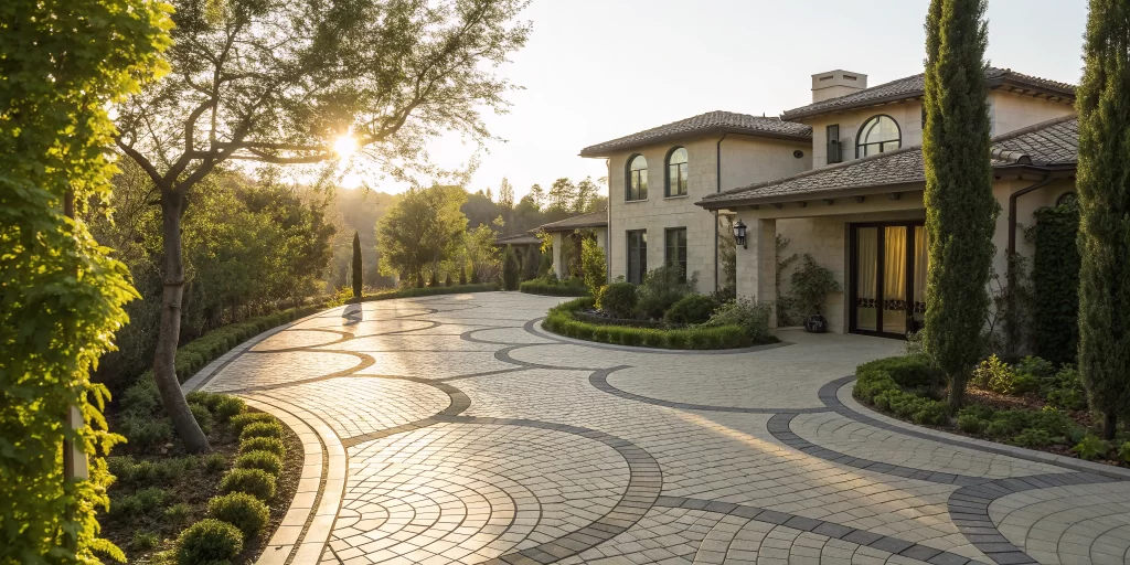 A modern driveway idea using concrete and pavers with geometric patterns for curb appeal.