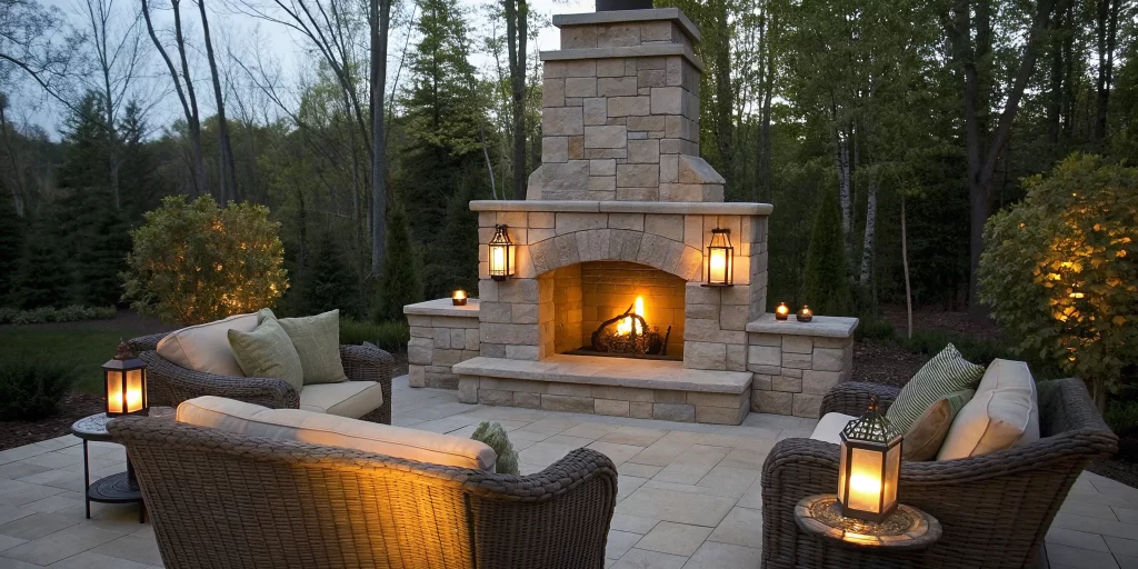 Custom outdoor fireplace with stone, cozy seating, and ambient lighting on a patio.