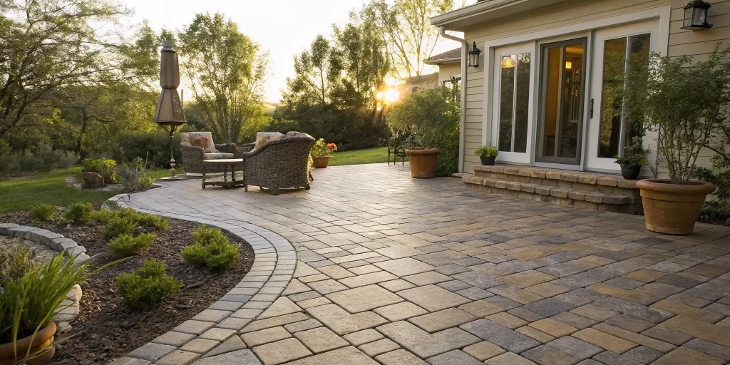 A paver patio with furniture, a key factor in how much it costs to seal.