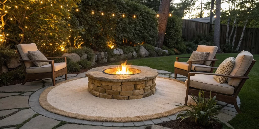 A stone backyard fire pit with cozy seating under string lights, a great design idea.