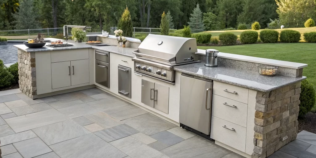 A custom outdoor kitchen with a built-in grill, constructed by professional builders.