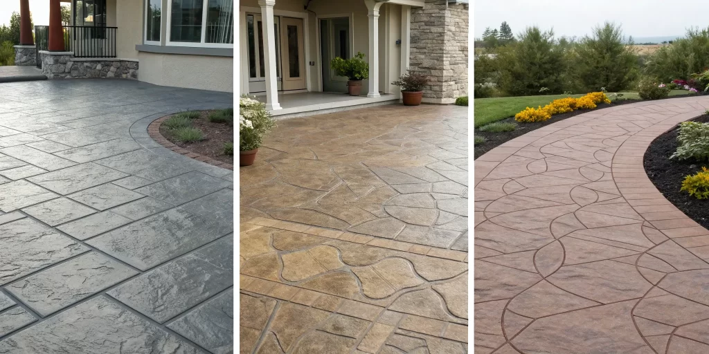 A stamped concrete patio showcasing one of the best color combinations in modern earth tones.