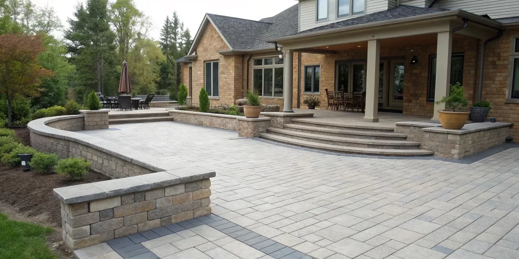 A completed brick paver patio installation with integrated steps and a retaining wall.