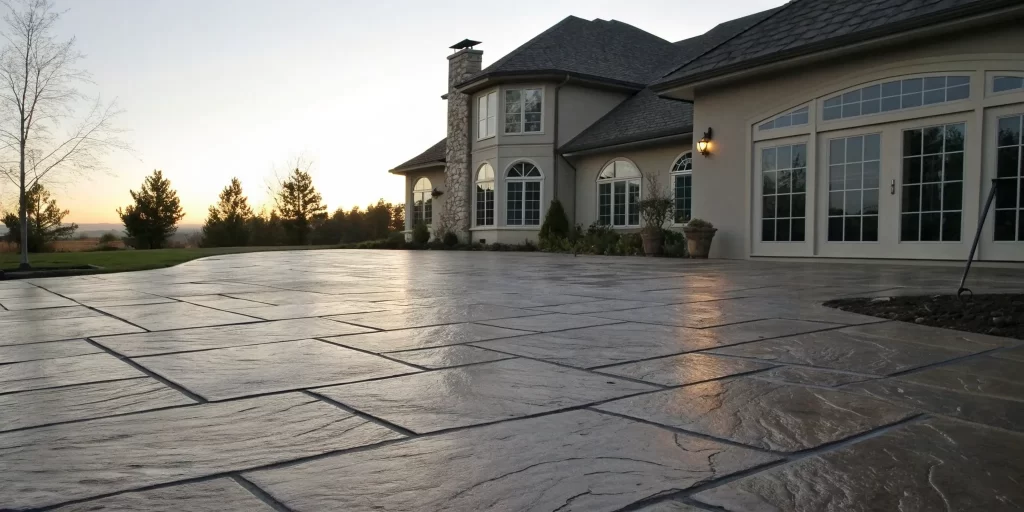 The disadvantages of stamped concrete, including cracks and color fading on a patio.