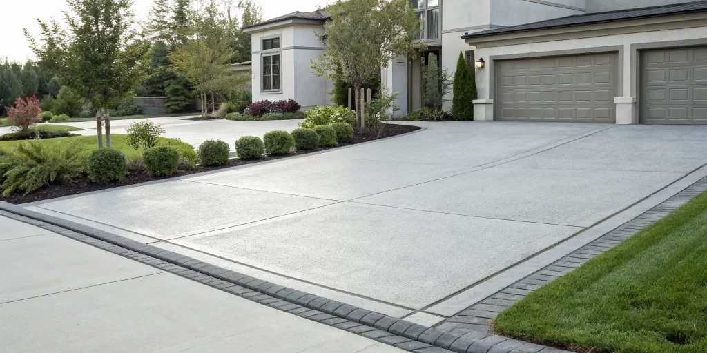 A modern concrete driveway with a dark border adds curb appeal to a contemporary home.
