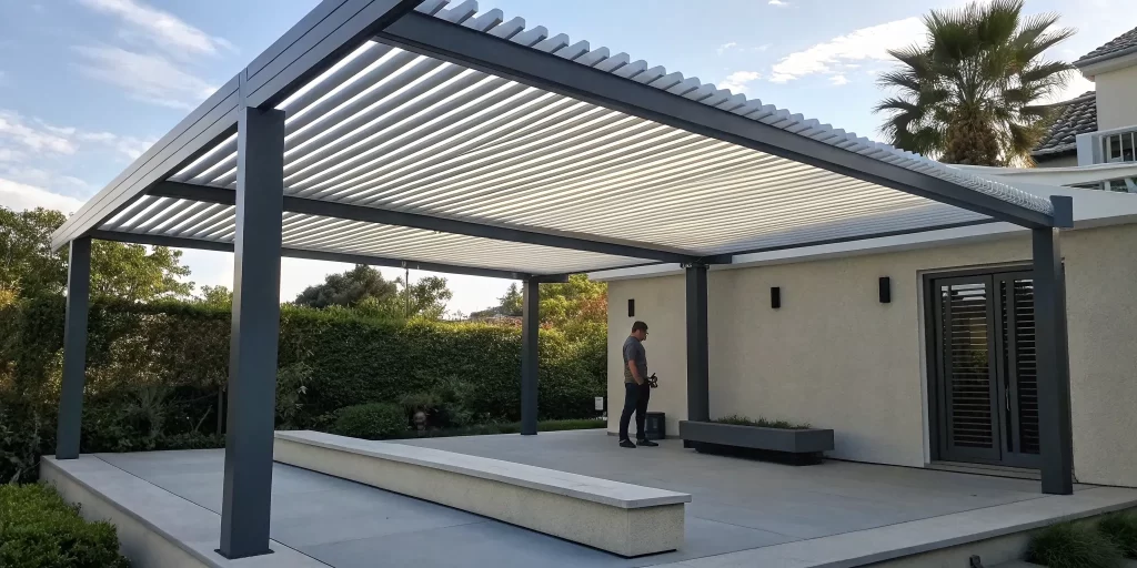 A modern pergola with an adjustable louver kit providing custom shade and weather protection.