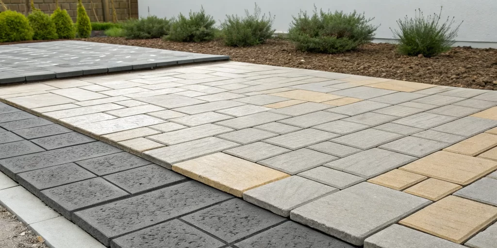 A variety of concrete paver textures, including smooth, stamped, and natural stone styles.