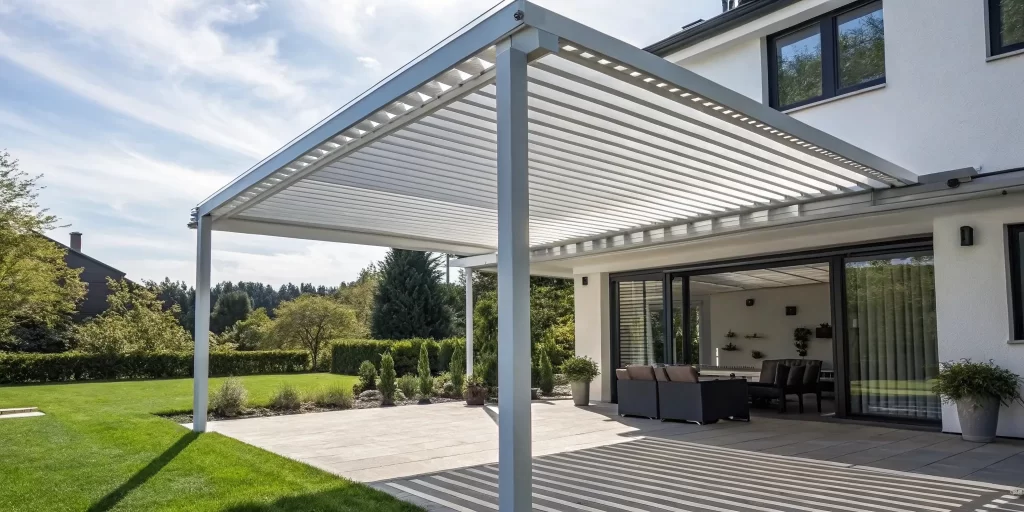 A modern adjustable louvered patio cover creating a shaded outdoor living area attached to a home.