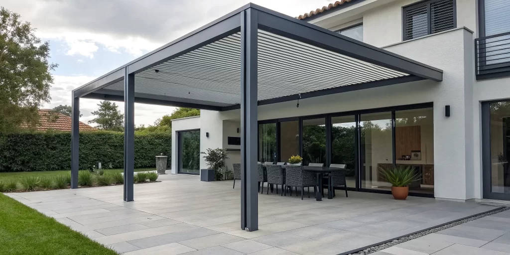 Modern free standing patio cover creating a shaded outdoor dining space in a backyard.