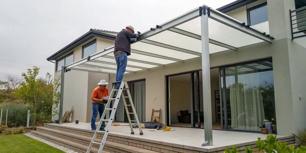 Two men installing a patio cover on a home.