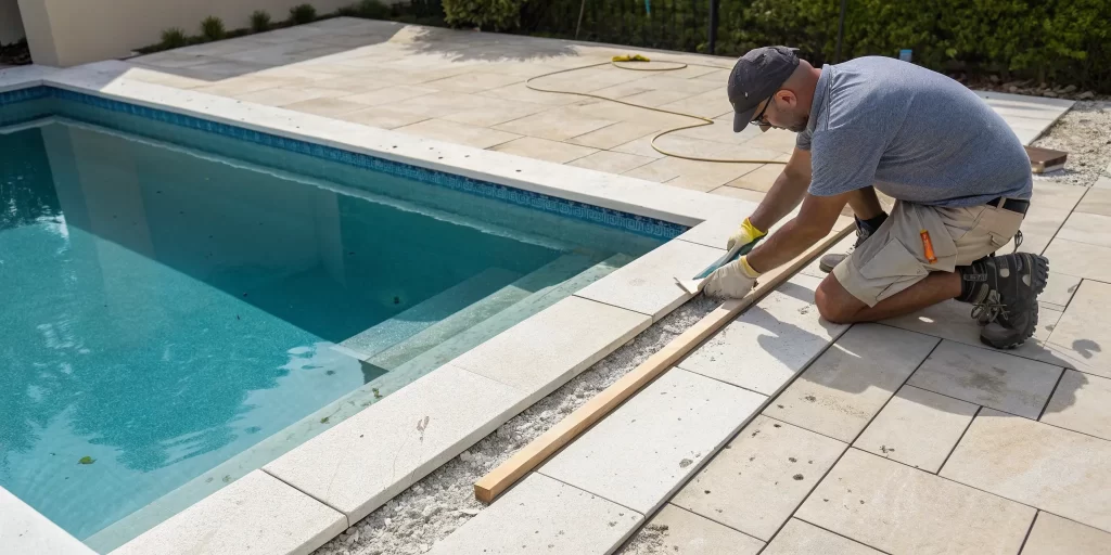 Worker installing new stone tiles for an in ground pool coping replacement.