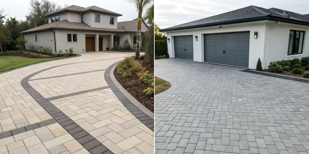 Interlocking concrete pavers for driveways arranged in a stylish, modern pattern.