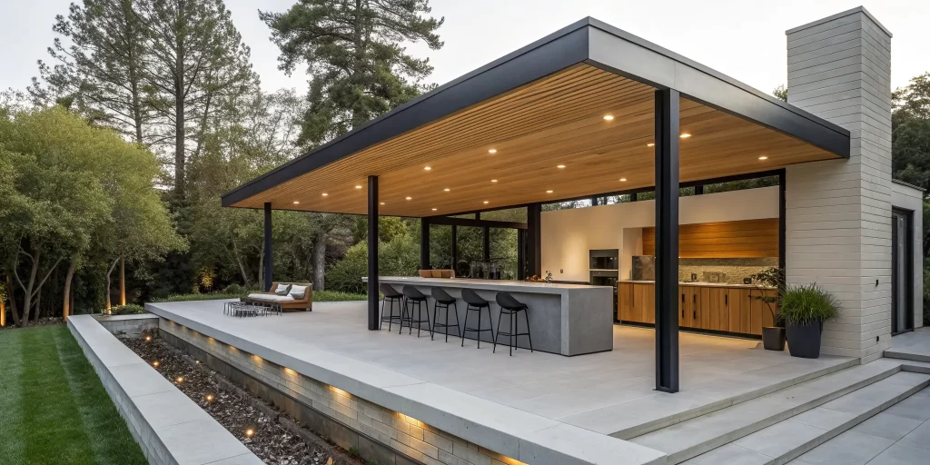 A modern covered outdoor kitchen and bar designed with sleek seating and warm wood accents.