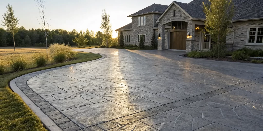 A modern stamped concrete driveway with a dark border adds curb appeal to a stone home.