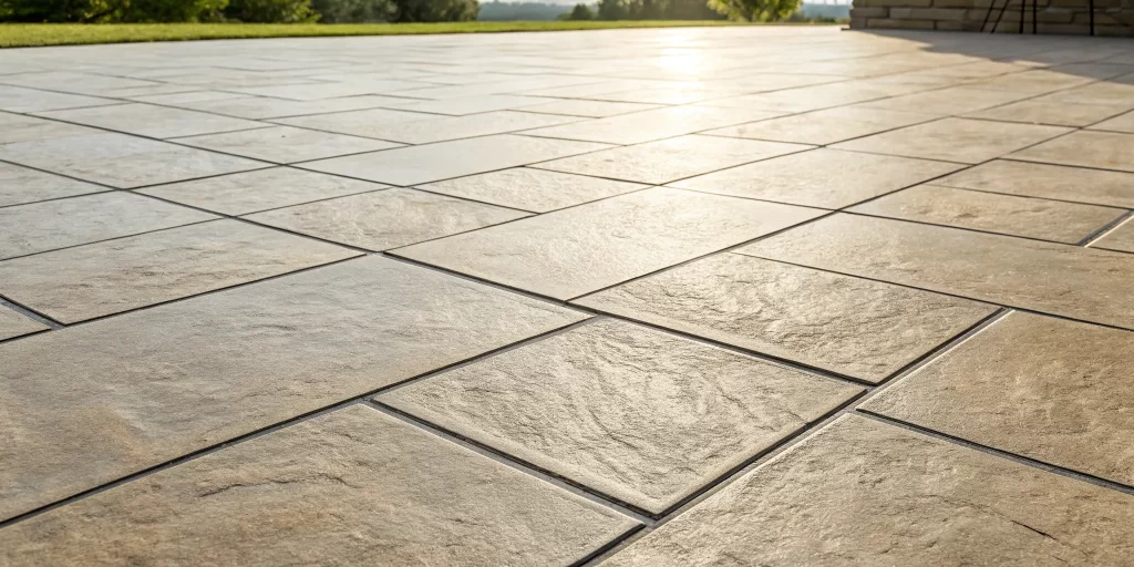 Stamped concrete patio showing common problems like surface cracks and discoloration.