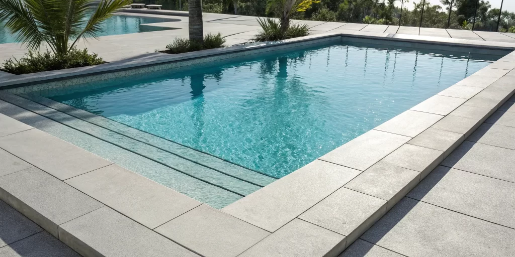 Pool deck resurfacing idea with smooth, light-colored concrete for a clean, modern look.