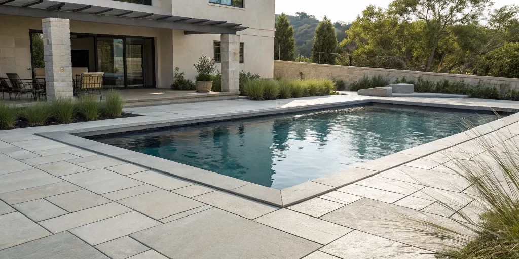 Modern pool coping idea with large-format stone and clean lines for a chic backyard.