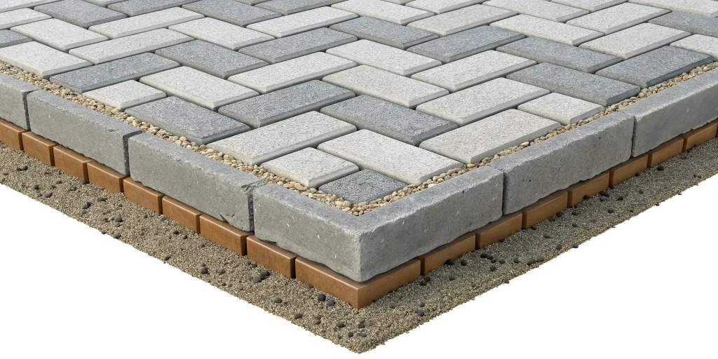 A system of permeable interlocking concrete pavers with a layered base for stormwater drainage.