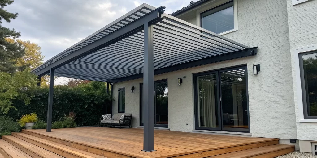 A louvered pergola attached to a house over a modern wooden deck.